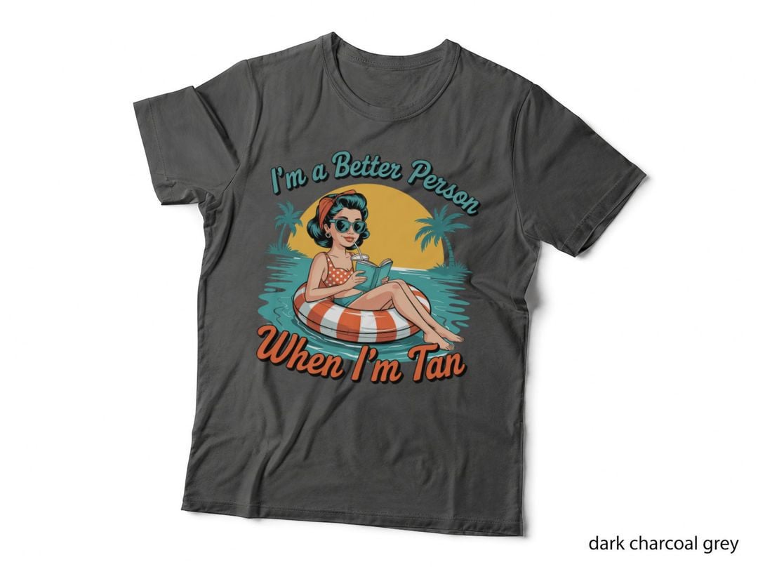 I'm a Better Person When I'm Tan Summer T-Shirt, Retro Woman Reading on Float