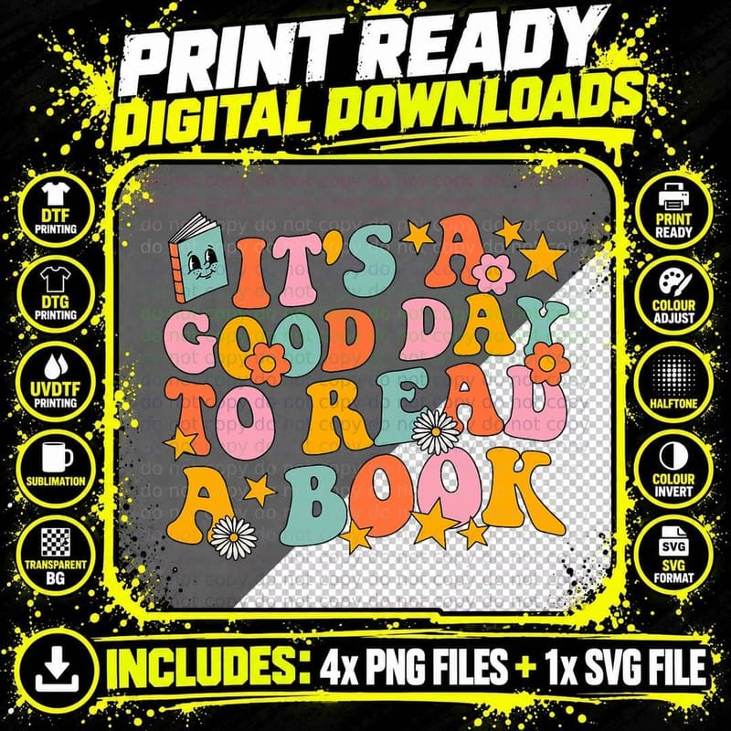 Its a Good Day to Read a Book Groovy Library Reading Png SVG Digital Bundle