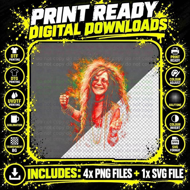 Janis Joplin Hippie T-Shirt, Retro 60s Art Print Png SVG Digital Bundle