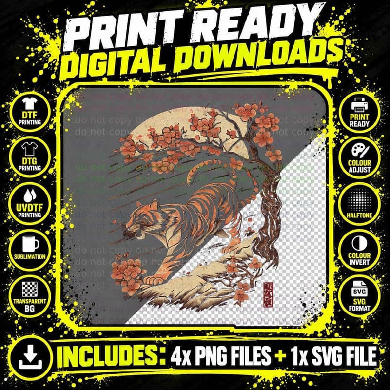 Japanese Tiger Vintage Traditional Asian Cherry Blossom Png SVG Digital Bundle