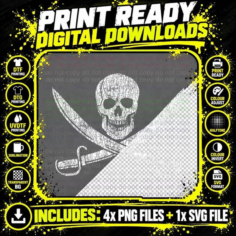 Jolly Roger Pirate Flag Skull and Cutlasses Super Png SVG Digital Bundle