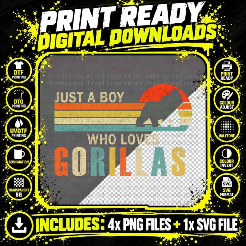 Just a Boy Who Loves Gorillas Vintage T-Shirt Png SVG Digital Bundle