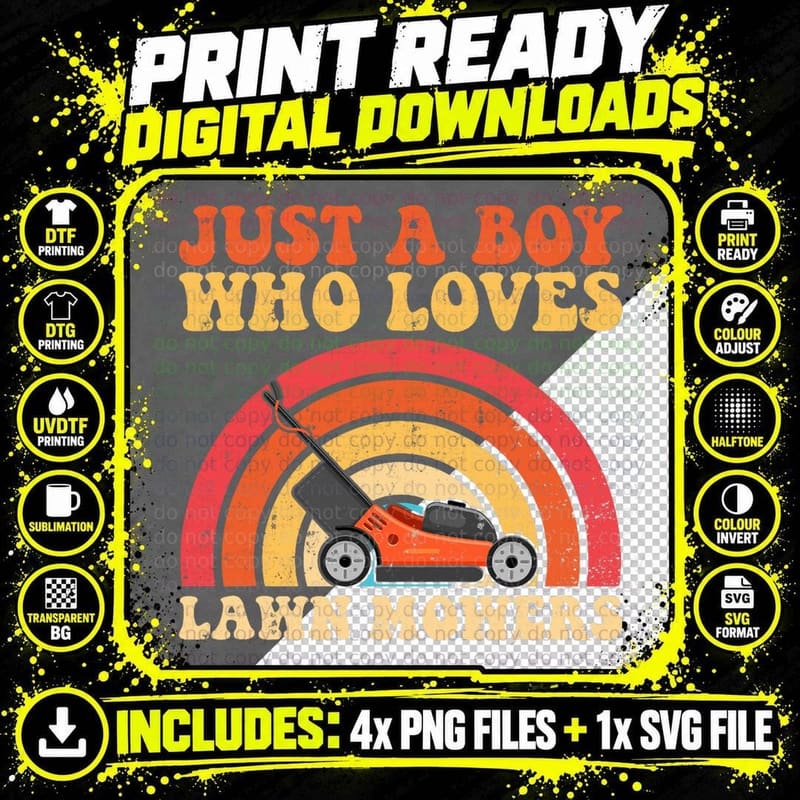 Just a Boy Who Loves Lawn Mowers Retro Lawn Mowing for Png SVG Digital Bundle