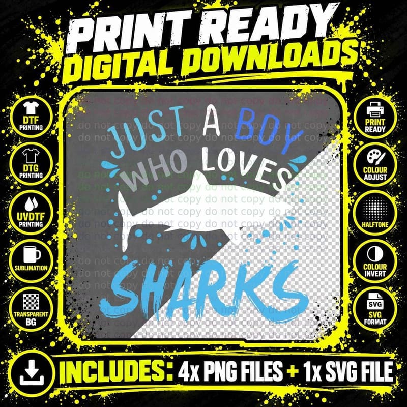 Just a Boy Who Loves Sharks Retro Style Vintage T-Shirt Png SVG Digital Bundle