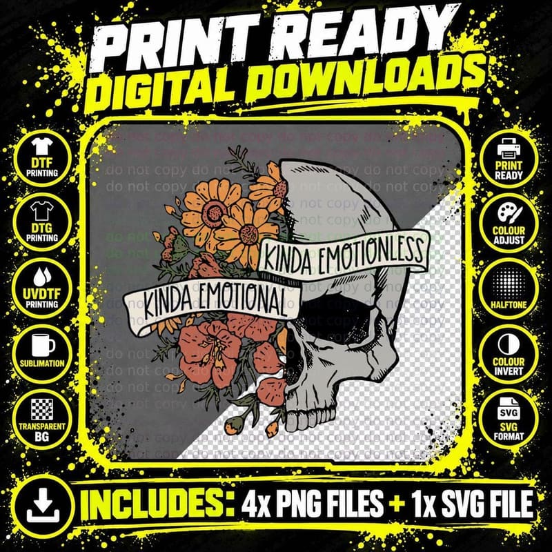 Kinda Emotional Kinda Emotionless Flower Skull Vintage Png SVG Digital Bundle