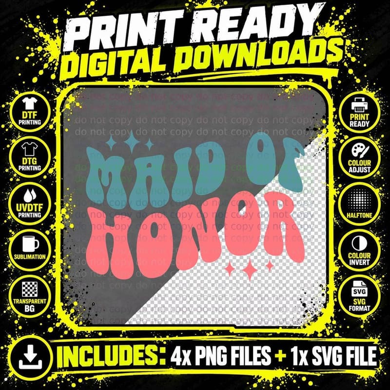 Maid of Honor Wedding T-Shirt, Retro-Style Typography Png SVG Digital Bundle