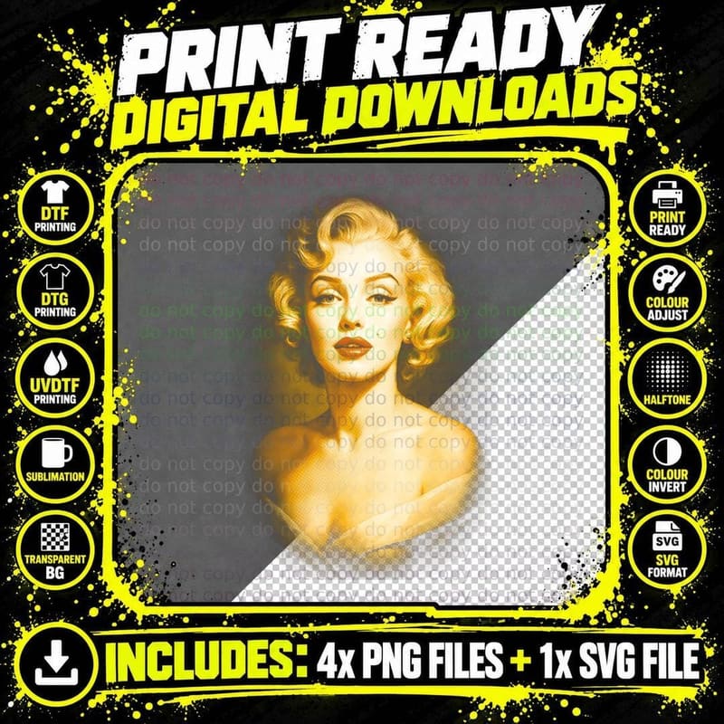 Marilyn Monroe T-Shirt, Halftone Hollywood Portrait Png SVG Digital Bundle