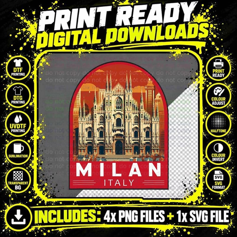 Milan Italy Travel Art Emblem Vintage T-Shirt Png SVG Digital Bundle