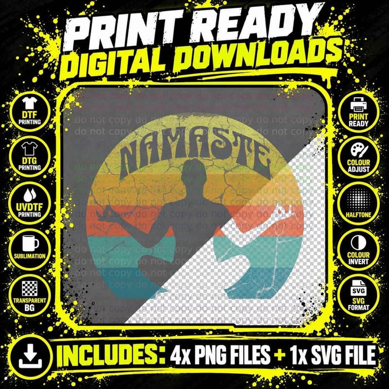 Namaste Yoga Pose Peace Meditate Zen Retro Sunset T-Shirt Png SVG Digital Bundle