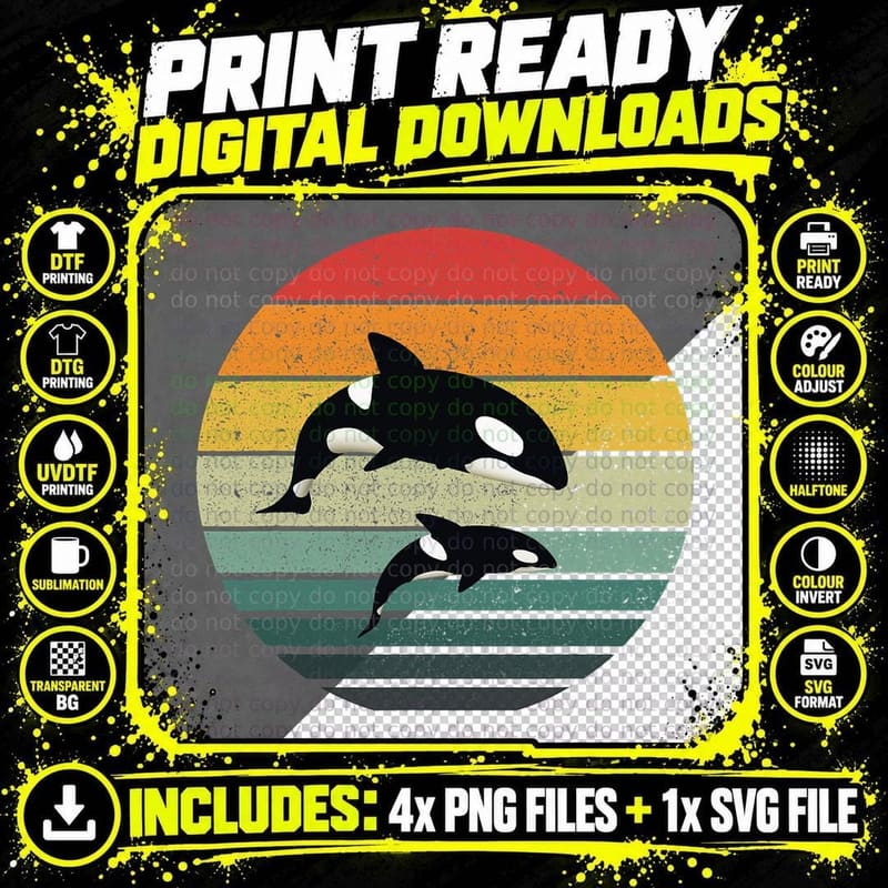 Orca Family Vintage Retro Art, Killer Whale Family Png SVG Digital Bundle