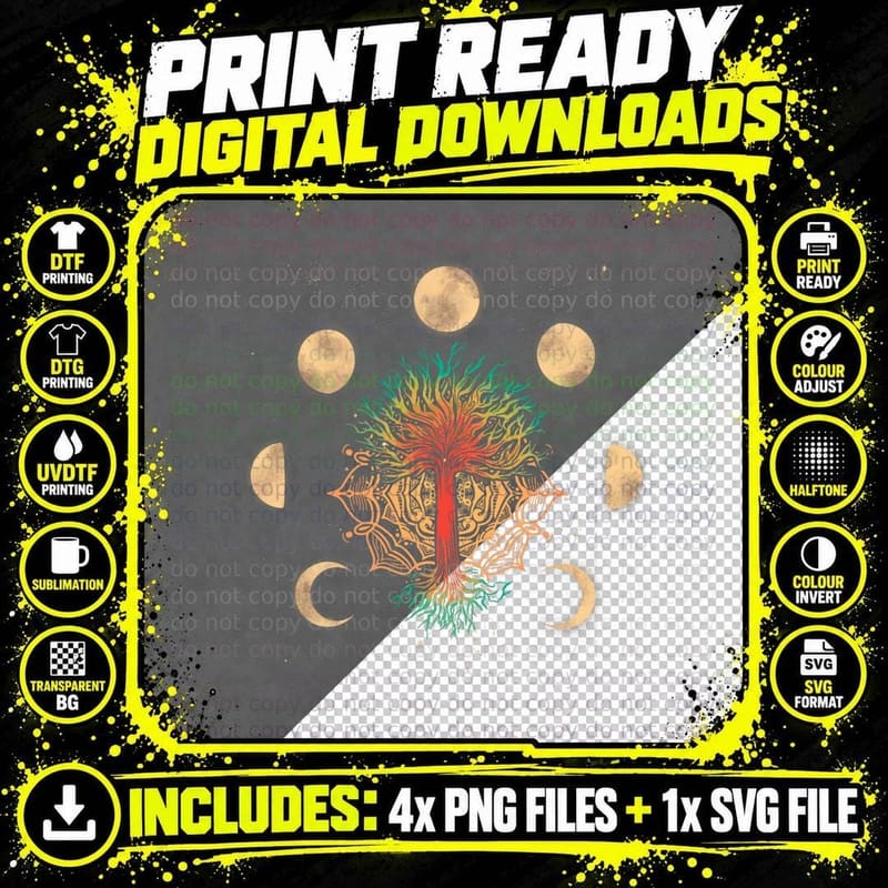 Phases of the Moon Vintage Yggdrasil Tree of Life Png SVG Digital Bundle