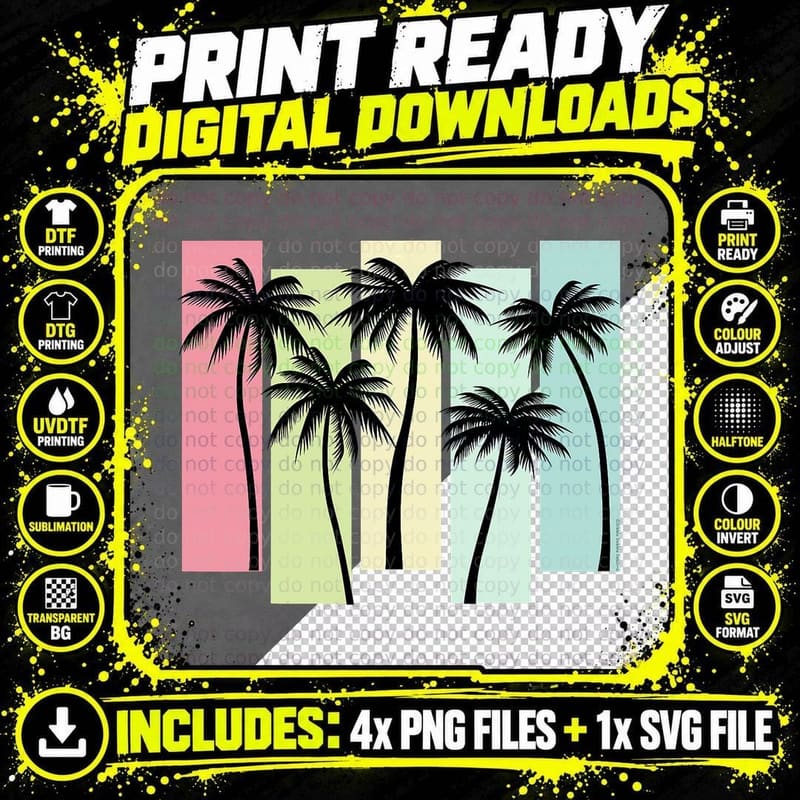 Retro Art Deco Style Summer Vacation Tropical Palm Trees Png SVG Digital Bundle