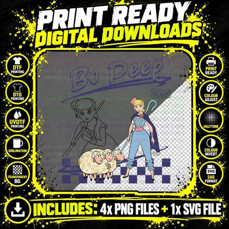 Retro Bo Peep Toy Story 1995 Checkerboard Cartoon T-Shirt Png SVG Digital Bundle