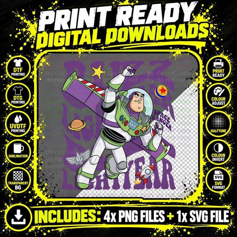 Retro Buzz Lightyear Space Ranger Toy Story Pixar T-Shirt Png SVG Digital Bundle