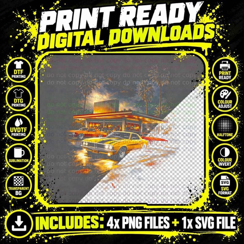 Retro Diner Cars T-Shirt, Halftone Old Money Luxury Png SVG Digital Bundle