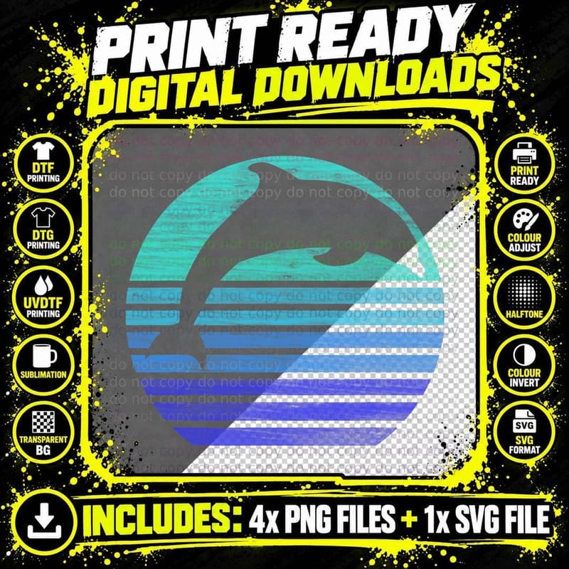 Retro Dolphin Silhouette T-Shirt Png SVG Digital Bundle