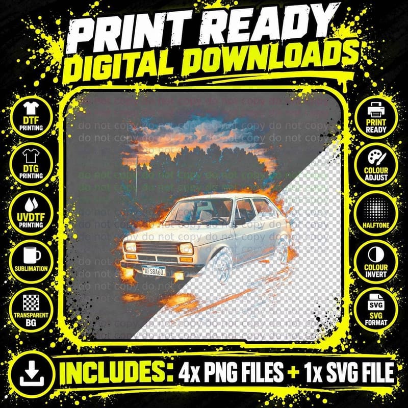 Retro Economy Hatchback T-Shirt, Halftone Classic Car Png SVG Digital Bundle