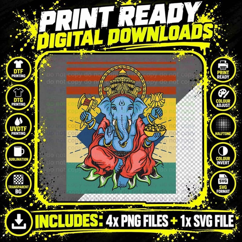 Retro Ganesha God - Yoga - Spiritual - Meditation - Yogi Png SVG Digital Bundle