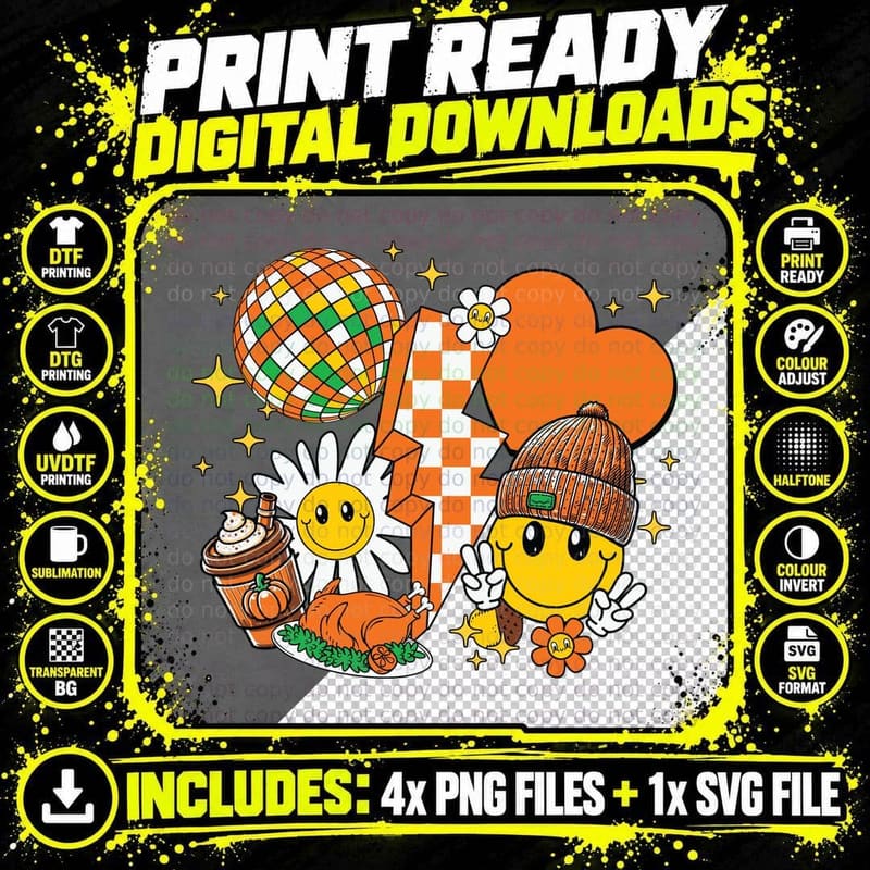Retro Groovy Autumn Daisy Fall T-Shirt Png SVG Digital Bundle
