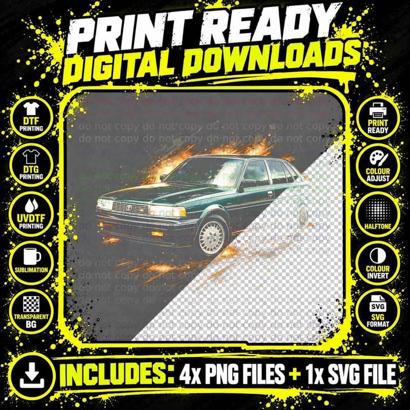 Retro JDM Sedan T-Shirt, Halftone JDM Car Graphic Tee Png SVG Digital Bundle