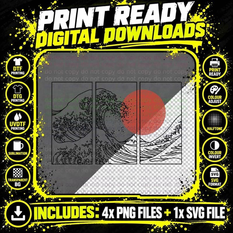 Retro Japanese Japan Flag Great Wave Outline Graphic T Png SVG Digital Bundle