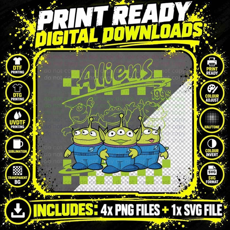 Retro Toy Story Aliens 1995 Retro Checkerboard T-Shirt Png SVG Digital Bundle