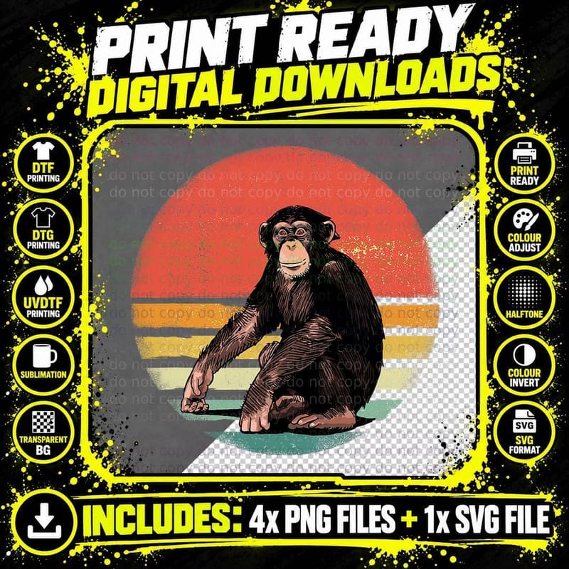 Retro Vintage Chimpanzee Monkey Wild Forest Animal Png SVG Digital Bundle