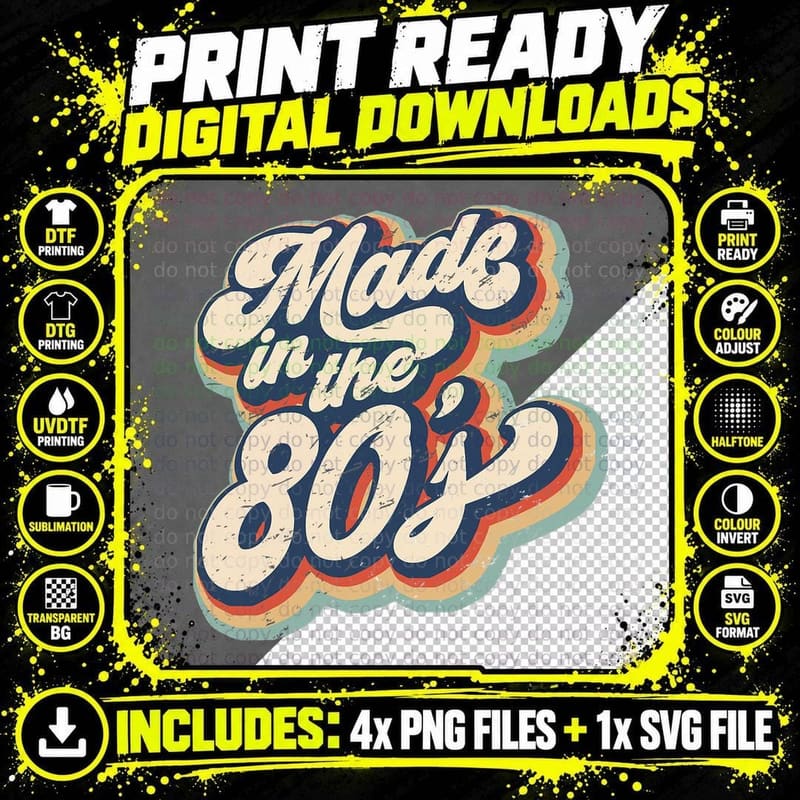 Retro Vintage Made in the 80's 1980s Born Birthday Day Png SVG Digital Bundle