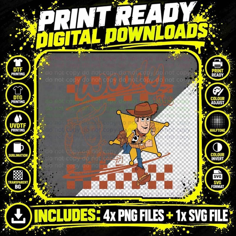 Retro Woody Toy Story 1995 Checkerboard Sheriff Western Png SVG Digital Bundle