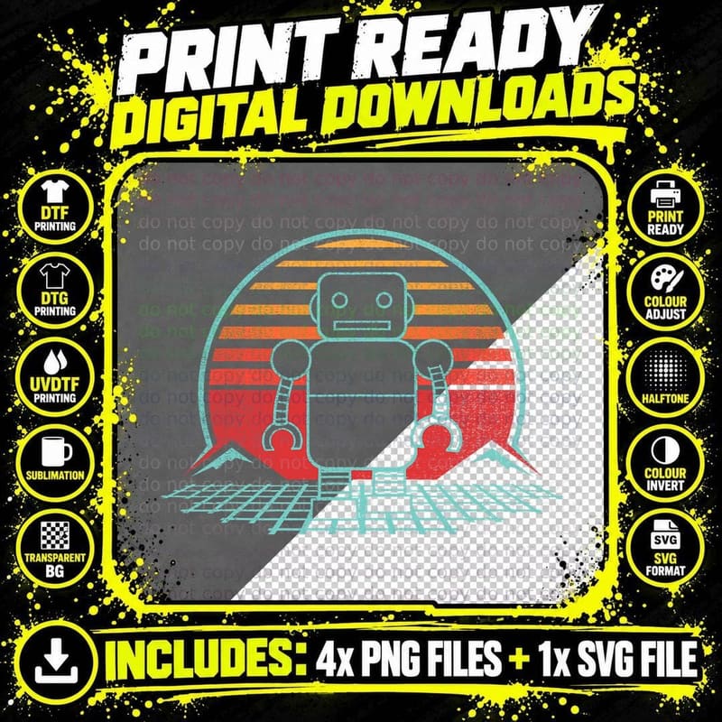 Robot Retro Vintage 80s Style Robotics Engineer Gift Png SVG Digital Bundle