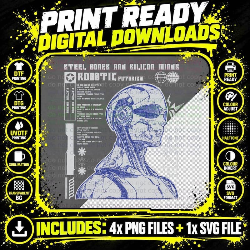 Robotic Futurism T-Shirt, Retro Urban Fashion Png SVG Digital Bundle