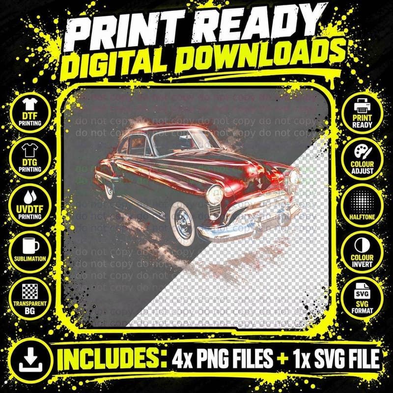 Rocket Coupe T-Shirt, Halftone Classic Car Graphic Tee Png SVG Digital Bundle