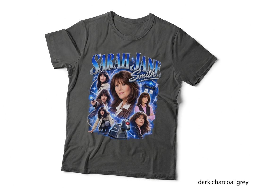 Sarah Jane Smith T-Shirt, Blue Silver Retro Sci-Fi Companion Graphic Art Tee