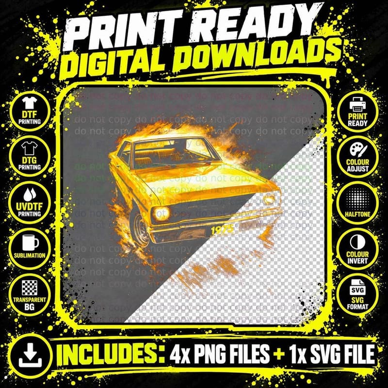 Seventies Compact Coupe T-Shirt, Halftone Classic Car Png SVG Digital Bundle