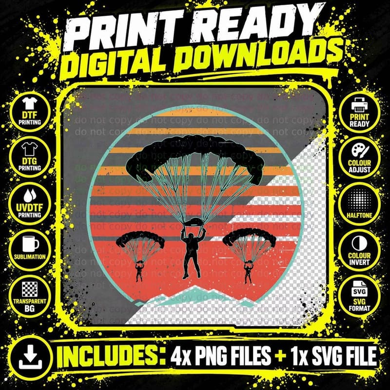 Skydiving Retro Vintage 80s Style Parachuting Vaporwave Png SVG Digital Bundle