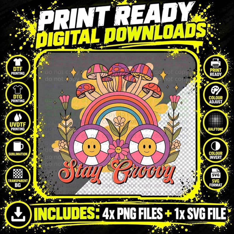 Stay Groovy Hippie T-Shirt, Colorful Mushrooms Rainbow Png SVG Digital Bundle