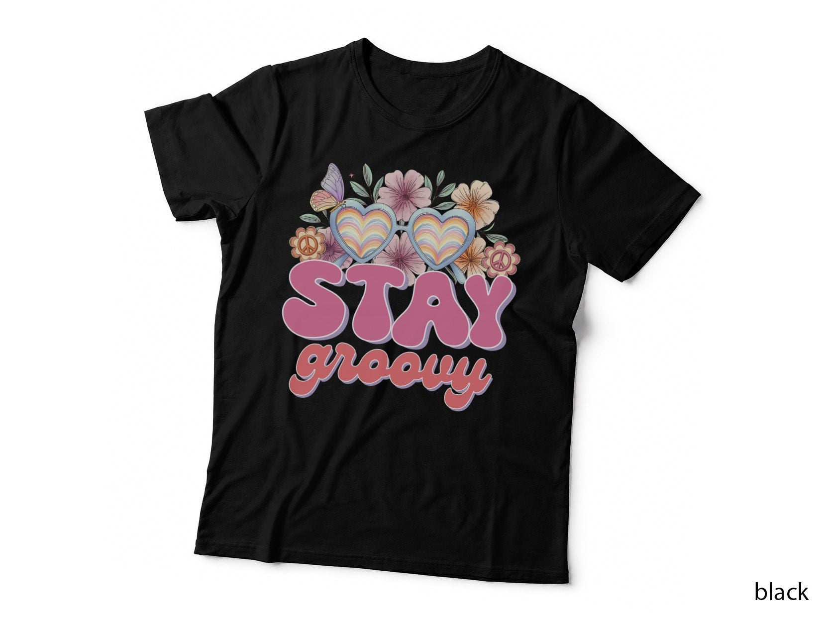 Stay Groovy Toddler Kids T-Shirt, Heart-Shaped Sunglasses with Flowers Graphic