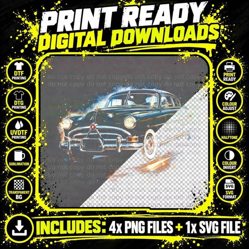 Step Down Fastback T-Shirt, Halftone Classic Car Graphic Png SVG Digital Bundle