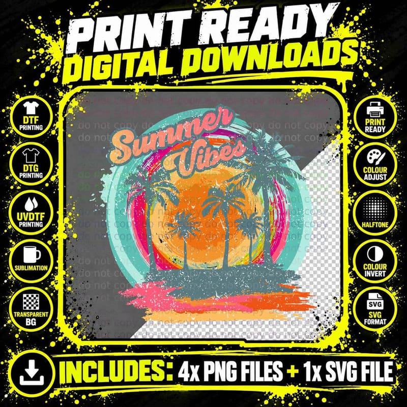 Summer Vibes Summer T-Shirt, Neon Retro Colorful Png SVG Digital Bundle