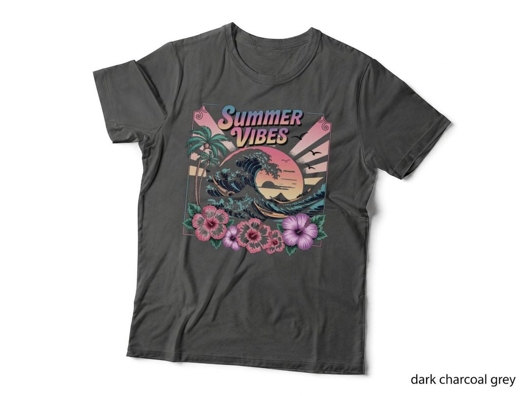 Summer Vibes Summer T-Shirt, Retro Wave Sunset with Hibiscus Sunny Tee