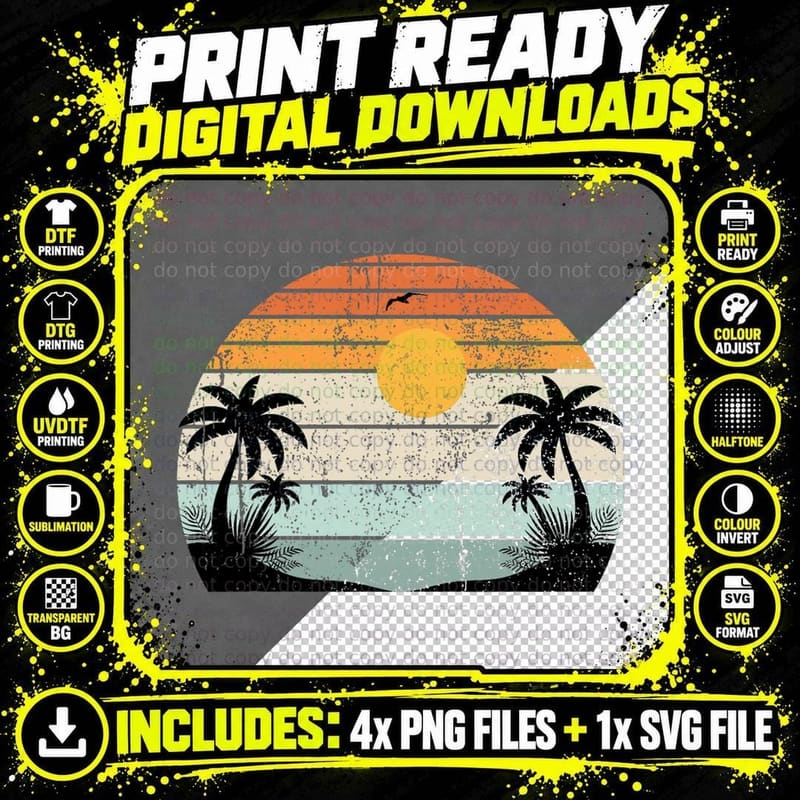 Sunshine Summer Vibes Palm Trees Beach Retro Tropical Png SVG Digital Bundle