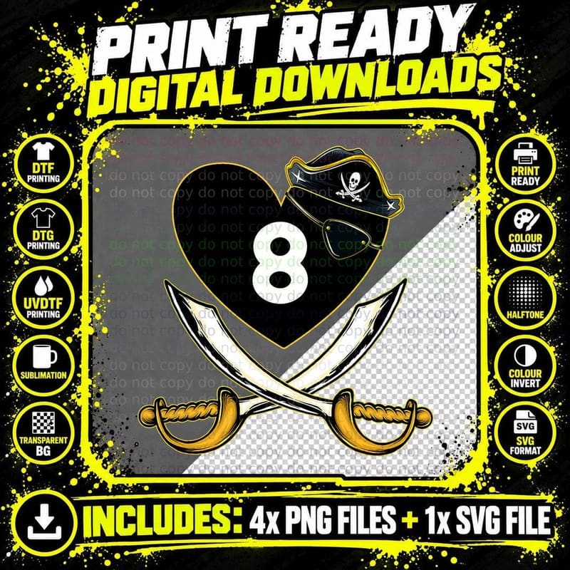The Vintage Pirate Billiards Heart with Skull Hat T-Shirt Png SVG Digital Bundle