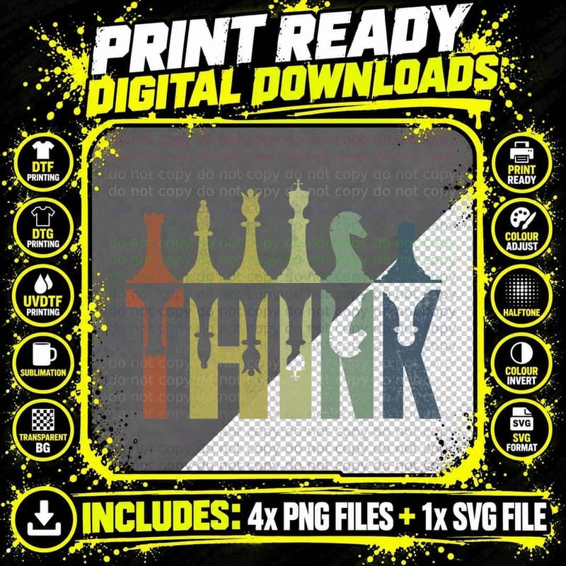 Think Retro Vintage Chess Pieces Player Gifts Chess Png SVG Digital Bundle