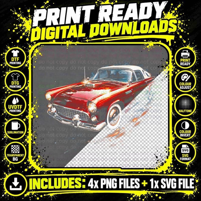 Thunderbird T-Shirt, Halftone Classic Car Graphic Tee Png SVG Digital Bundle