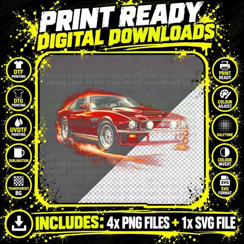 V8 Vantage T-Shirt, Halftone Sports Car Graphic Tee Png SVG Digital Bundle