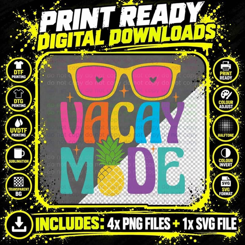 Vacation Mode Summer T-Shirt, Retro Script Sun Waves Png SVG Digital Bundle