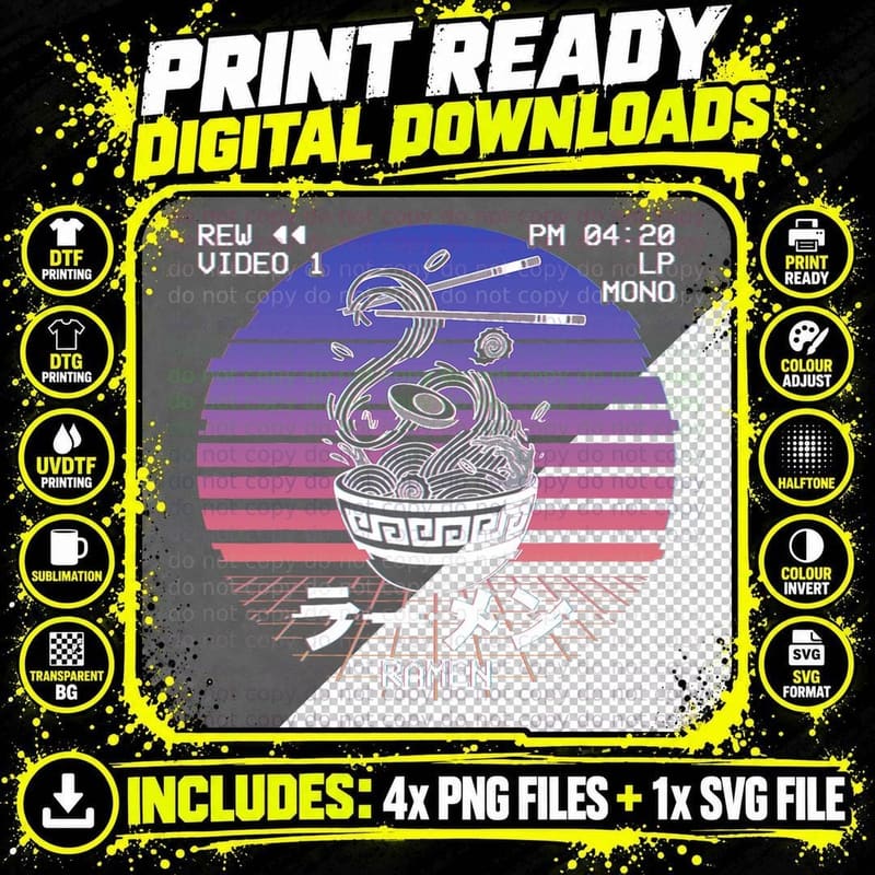 Vaporwave Aesthetic Japanese Ramen Noodles Retro Glitch Png SVG Digital Bundle