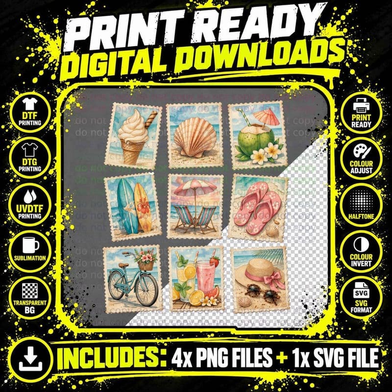 Vintage Beach Stamps Summer T-Shirt Png SVG Digital Bundle