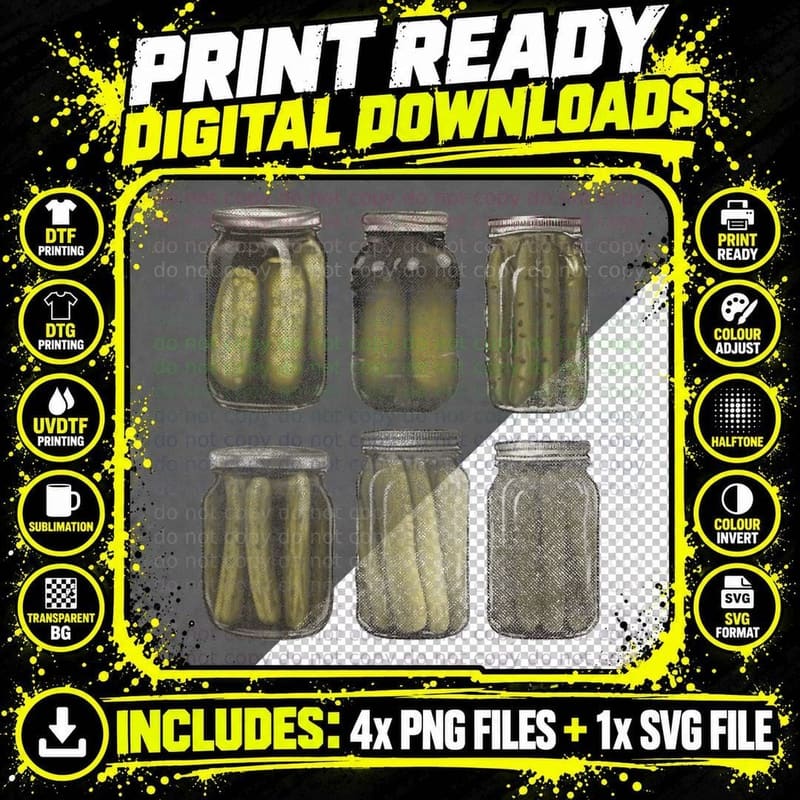 Vintage Canned Pickle Lover Dill Pickle Jar Distressed Png SVG Digital Bundle