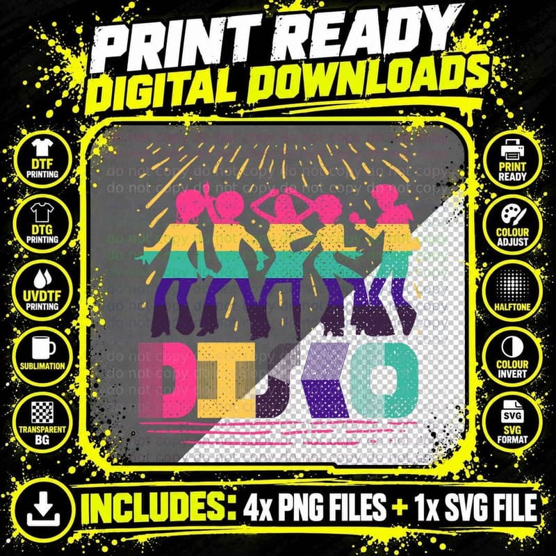 Vintage Colorful Funky 70's Disco Dancing T-Shirt Png SVG Digital Bundle
